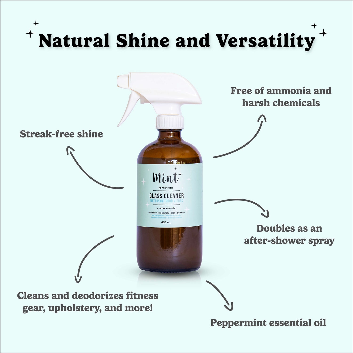 Graphic of Mint Glass Cleaner (glass bottle) with the title &